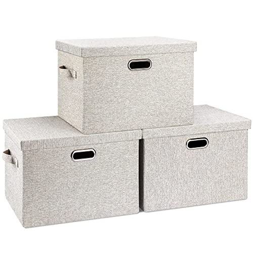 Graciadeco Large 17" 36 Quart Collapsible Stackable Storage Bins with Lids, 3 Packs Beige Foldable Fabric Closet Storage Boxes with Lids, 4 Handles Toy Heavy-duty Dark Gray Linen Storage Cube Box Baskets Container Organizers and Storage for Bedroom Office