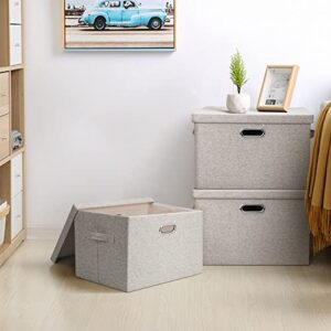 Graciadeco Large 17" 36 Quart Collapsible Stackable Storage Bins with Lids, 3 Packs Beige Foldable Fabric Closet Storage Boxes with Lids, 4 Handles Toy Heavy-duty Dark Gray Linen Storage Cube Box Baskets Container Organizers and Storage for Bedroom Office