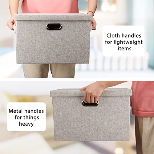 Graciadeco Large 17" 36 Quart Collapsible Stackable Storage Bins with Lids, 3 Packs Beige Foldable Fabric Closet Storage Boxes with Lids, 4 Handles Toy Heavy-duty Dark Gray Linen Storage Cube Box Baskets Container Organizers and Storage for Bedroom Office