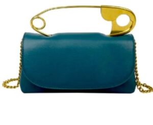 safety pin clutch handbag with gold chain shoulder strap, blue