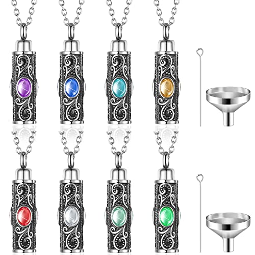 8 Pieces Cylinder Urn Necklace for Ashes Cremation Urn Pendant Necklaces Keepsake Necklace for Ashes Charm Stainless Steel Crystal Cremation Necklace PET Memorial Jewelry with Funnels for Men