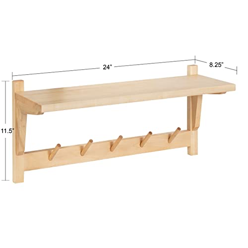 Kate and Laurel Meridien Shelf with Hooks, 24x8x12, Natural