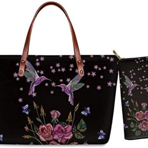 Wideasale 2Pc Personalized Tote Handbags and Wristlet Set,Hummingbird and Flower Women's Shoulder Bag Travel Bag School Tote