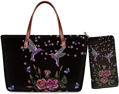 Wideasale 2Pc Personalized Tote Handbags and Wristlet Set,Hummingbird and Flower Women's Shoulder Bag Travel Bag School Tote