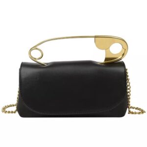 safety pin clutch handbag with gold chain shoulder strap, black