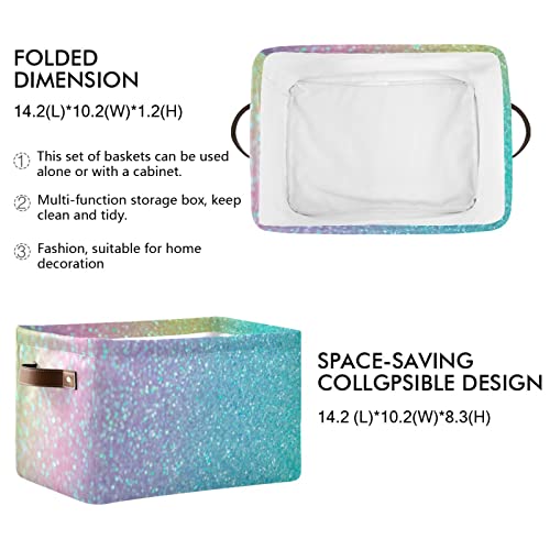 Large Foldable Storage Basket Iridescent Rainbow Glitter Storage Bin Canvas Toys Box Fabric Decorative Collapsible Organizer Bag with Handles for Bedroom Home