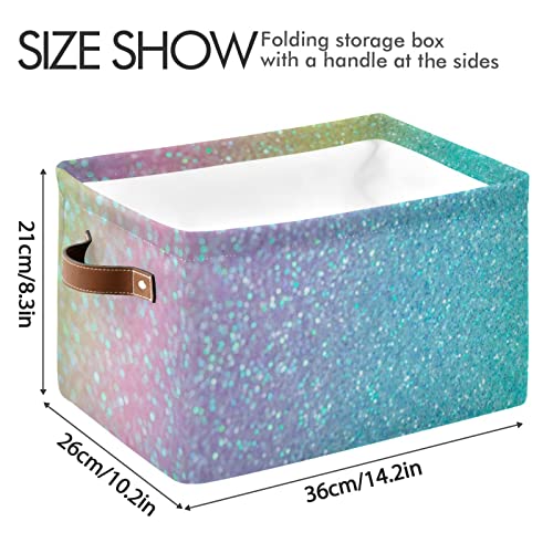 Large Foldable Storage Basket Iridescent Rainbow Glitter Storage Bin Canvas Toys Box Fabric Decorative Collapsible Organizer Bag with Handles for Bedroom Home