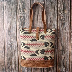 ANNGOTI Canvas & Cowhide Tote Bag for Women, Vintage Style Handmade Print Handbag with Zipper Top & Internal Pockets