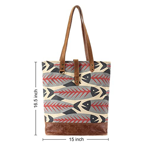 ANNGOTI Canvas & Cowhide Tote Bag for Women, Vintage Style Handmade Print Handbag with Zipper Top & Internal Pockets