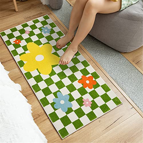 Green Checkered Rug for Living Room 19.7" x 47.2" Checkerboard Carpet Bedroom Bedside Rug Sofa Coffee Table Area Rug Soft Floor Mats Home Decor Anti-Slip Doormat