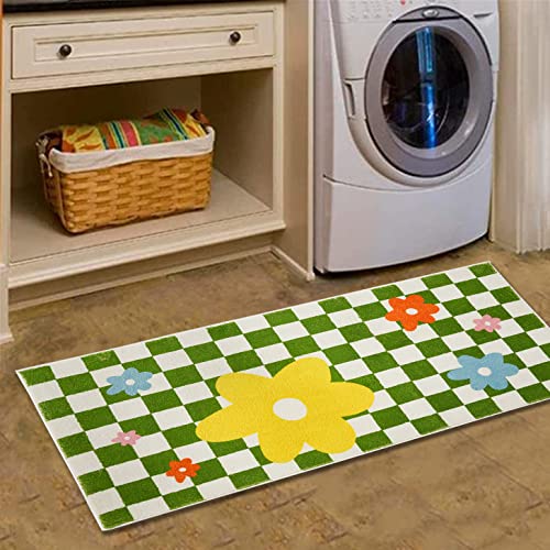 Green Checkered Rug for Living Room 19.7" x 47.2" Checkerboard Carpet Bedroom Bedside Rug Sofa Coffee Table Area Rug Soft Floor Mats Home Decor Anti-Slip Doormat