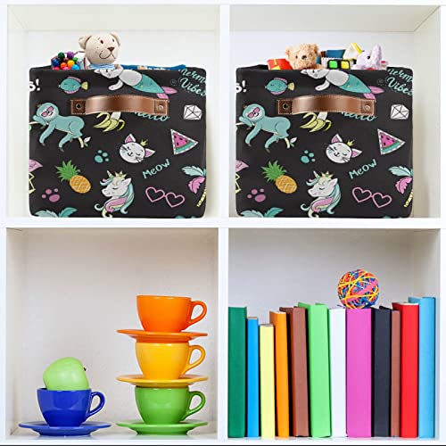 Large Foldable Storage Basket Unicorn Flamingo Toucan Cat Storage Bin Canvas Toys Box Fabric Decorative Collapsible Organizer Bag with Handles for Bedroom Home