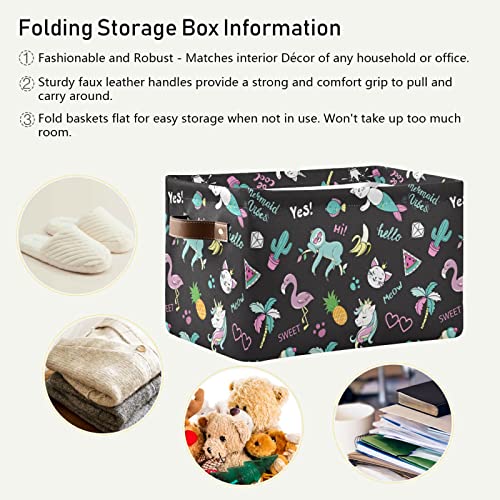 Large Foldable Storage Basket Unicorn Flamingo Toucan Cat Storage Bin Canvas Toys Box Fabric Decorative Collapsible Organizer Bag with Handles for Bedroom Home