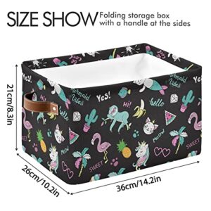 Large Foldable Storage Basket Unicorn Flamingo Toucan Cat Storage Bin Canvas Toys Box Fabric Decorative Collapsible Organizer Bag with Handles for Bedroom Home