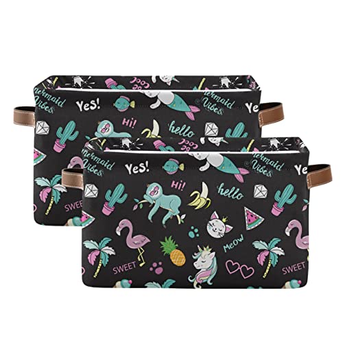 Large Foldable Storage Basket Unicorn Flamingo Toucan Cat Storage Bin Canvas Toys Box Fabric Decorative Collapsible Organizer Bag with Handles for Bedroom Home