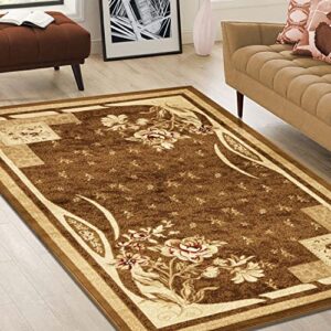 indoor large area rug with jute backing, great for entryway, living room, kitchen, dorm, bedroom, hallway, perfect for hardwood floors, vintage floral, 5′ x 8′, mocha by blue nile mills