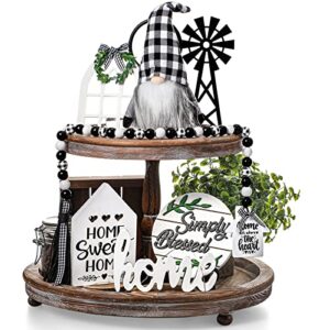 10 pieces farmhouse decor for tiered tray, black white buffalo plaid wooden mini sign rustic ornaments with string lights for kitchen table decoration, housewarming gift(gnome style)