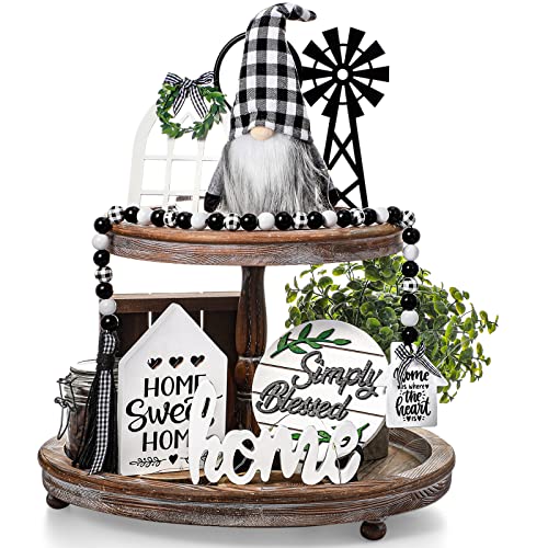 10 Pieces Farmhouse Decor for Tiered Tray, Black White Buffalo Plaid Wooden Mini Sign Rustic Ornaments with String Lights for Kitchen Table Decoration, Housewarming Gift(Gnome Style)