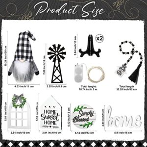 10 Pieces Farmhouse Decor for Tiered Tray, Black White Buffalo Plaid Wooden Mini Sign Rustic Ornaments with String Lights for Kitchen Table Decoration, Housewarming Gift(Gnome Style)