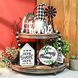 10 Pieces Farmhouse Decor for Tiered Tray, Black White Buffalo Plaid Wooden Mini Sign Rustic Ornaments with String Lights for Kitchen Table Decoration, Housewarming Gift(Gnome Style)