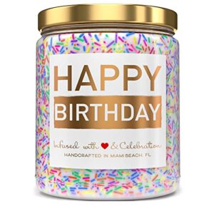 happy birthday candle – vanilla birthday cake scent with sprinkles cute birthday gifts for women ideas, made in usa, 9 oz – cool unique bday gift for her, best friend, men – mint sugar candle company
