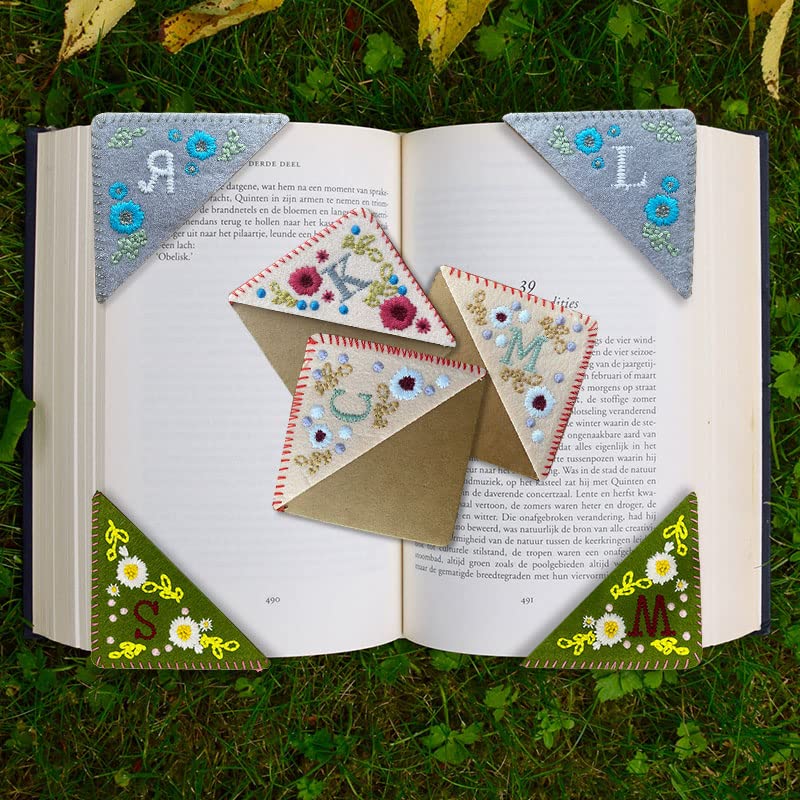 26 Personalized Embroidered Corner Bookmark, Felt Triangle Page Stitched Corner Handmade Bookmark,Cute Flower Bookmarks for Book Reading Lovers Meaningful Gift Spring-M