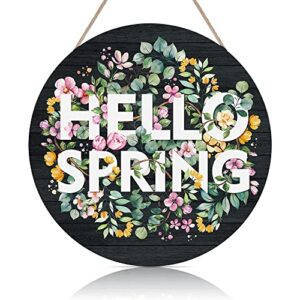hello spring wood door sign decoration(12″x 12″), colorful welcome door sign with flowers bouquet green leaves, inspirational quotes wood sign plaque for farmhouse front door porch easter’s gift