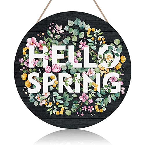 Hello Spring Wood Door Sign Decoration(12"x 12"), Colorful Welcome Door Sign with Flowers Bouquet Green Leaves, Inspirational Quotes Wood Sign Plaque for Farmhouse Front Door Porch Easter's Gift