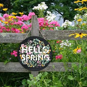 Hello Spring Wood Door Sign Decoration(12"x 12"), Colorful Welcome Door Sign with Flowers Bouquet Green Leaves, Inspirational Quotes Wood Sign Plaque for Farmhouse Front Door Porch Easter's Gift
