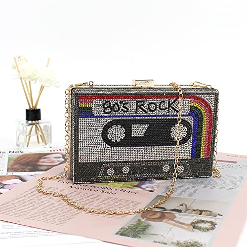 ZLM BAG US Retro Cassette Evening Clutch Purse Crystal Inlaid Bling Crossbody Shoulder Bag for Graduation Wedding Party