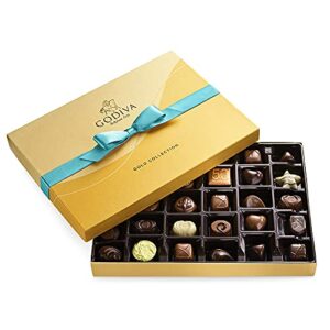 godiva chocolatier assorted chocolate gift box – assorted dark, milk, white, raspberry, caramel, and chocolate- blue ribbon classic gold box – 36 pieces