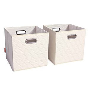 jiaessentials 11 inch beige foldable diamond patterned faux leather storage cube bins set of two with handles for living room, bedroom and office storage