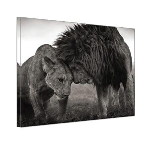 black and white lion and lioness poster print bedroom living room wall art african couple animal artwork framed canvas painting print for office home decor ready to hang 16x24inch