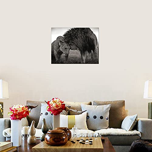 Black and White Lion and Lioness Poster Print Bedroom Living Room Wall Art African Couple Animal Artwork Framed Canvas Painting Print for Office Home Decor Ready to Hang 16x24inch