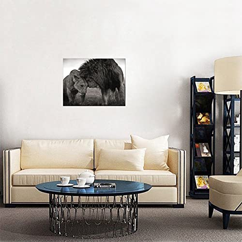 Black and White Lion and Lioness Poster Print Bedroom Living Room Wall Art African Couple Animal Artwork Framed Canvas Painting Print for Office Home Decor Ready to Hang 16x24inch