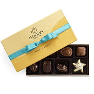 godiva chocolatier assorted chocolate gift box – assorted dark, milk, white, raspberry, caramel, and chocolate- blue ribbon classic gold box – 8 pieces