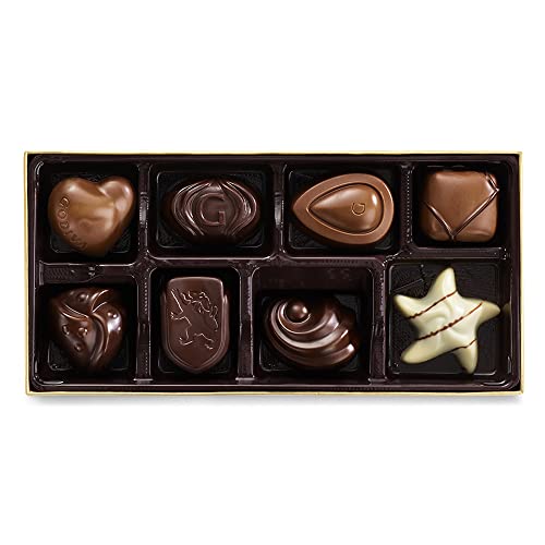 Godiva Chocolatier Assorted Chocolate Gift Box - Assorted Dark, Milk, White, Raspberry, Caramel, and Chocolate- Blue Ribbon Classic Gold Box - 8 pieces