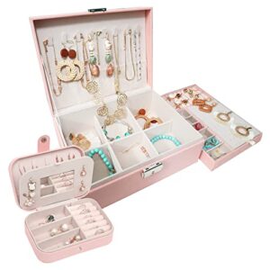 jewelry box organizer set for women girls, 2 layer jewelry travel organizer necklace earrings bracelets rings storage case with adjustable compartments, pu leather