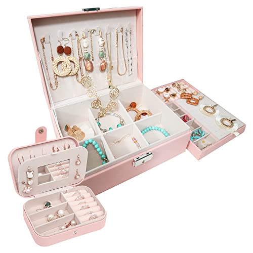 Jewelry Box Organizer Set for Women Girls, 2 Layer Jewelry Travel Organizer Necklace Earrings Bracelets Rings Storage Case with Adjustable Compartments, PU Leather