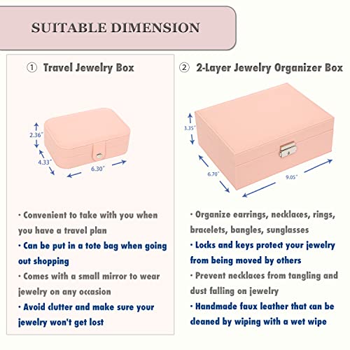 Jewelry Box Organizer Set for Women Girls, 2 Layer Jewelry Travel Organizer Necklace Earrings Bracelets Rings Storage Case with Adjustable Compartments, PU Leather