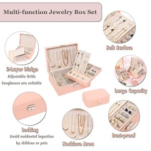 Jewelry Box Organizer Set for Women Girls, 2 Layer Jewelry Travel Organizer Necklace Earrings Bracelets Rings Storage Case with Adjustable Compartments, PU Leather