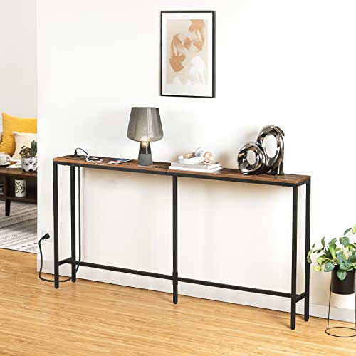 ALLOSWELL Console Table with Power Outlet, 63" Narrow Sofa Table, Industrial Entryway Table with USB Ports, Behind Couch Table for Entryway, Hallway, Foyer, Living Room, Bedroom CTHR16E01