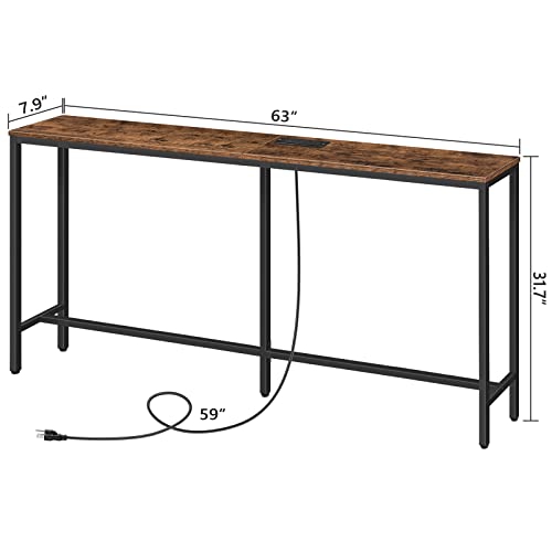 ALLOSWELL Console Table with Power Outlet, 63" Narrow Sofa Table, Industrial Entryway Table with USB Ports, Behind Couch Table for Entryway, Hallway, Foyer, Living Room, Bedroom CTHR16E01