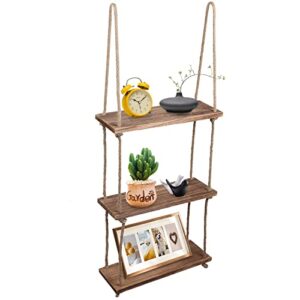 rope floating shelves for wall hanging shelf ,rustic wood storage shelves ,wall decorations for bedroom, kitchen, office, living room, bathroom (3tiers)