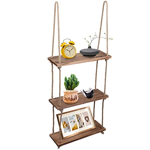 Rope Floating Shelves for Wall Hanging Shelf ,Rustic Wood Storage Shelves ,Wall Decorations for Bedroom, Kitchen, Office, Living Room, Bathroom (3tiers)