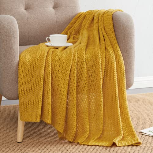 BOURINA Bed Throw Acrylic Chunky Knitted Throw Blanket,50" x 60" Mustard Textured Decorative Throw Blanket Thick Solid for Couch Chairs, Bedroom,Office Home,Travel Blanket