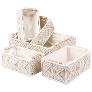 ANMINY 5PCS Macrame Storage Baskets Set Handmade Woven Cotton Rope Storage Bins Decor Boho Nursery Boxes with Wood Handles Removable Washable Linen Liner Countertop Toilet Tank Shelf Cabinet Organizer