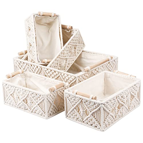 ANMINY 5PCS Macrame Storage Baskets Set Handmade Woven Cotton Rope Storage Bins Decor Boho Nursery Boxes with Wood Handles Removable Washable Linen Liner Countertop Toilet Tank Shelf Cabinet Organizer