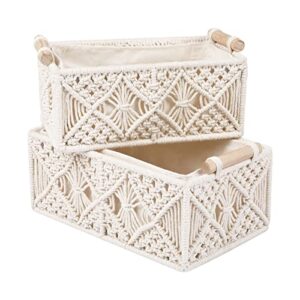 ANMINY 5PCS Macrame Storage Baskets Set Handmade Woven Cotton Rope Storage Bins Decor Boho Nursery Boxes with Wood Handles Removable Washable Linen Liner Countertop Toilet Tank Shelf Cabinet Organizer