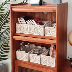 ANMINY 5PCS Macrame Storage Baskets Set Handmade Woven Cotton Rope Storage Bins Decor Boho Nursery Boxes with Wood Handles Removable Washable Linen Liner Countertop Toilet Tank Shelf Cabinet Organizer